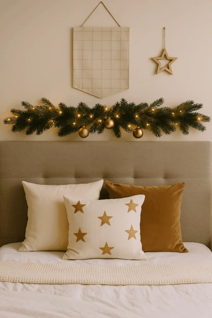 Weihnachtsdeko fürs Bett - 4 schöne Ideen für gemütliche Winternächte Weihnachtsdeko fürs Bett mit Lichterkette und Tannengirlande über dem Kopfteil