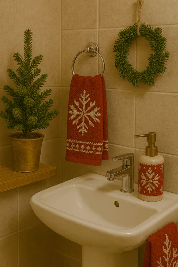 Weihnachtsdeko im Gäste-WC mit roten Schneeflocken-Handtüchern, Tannengrün und festlicher Badgestaltung