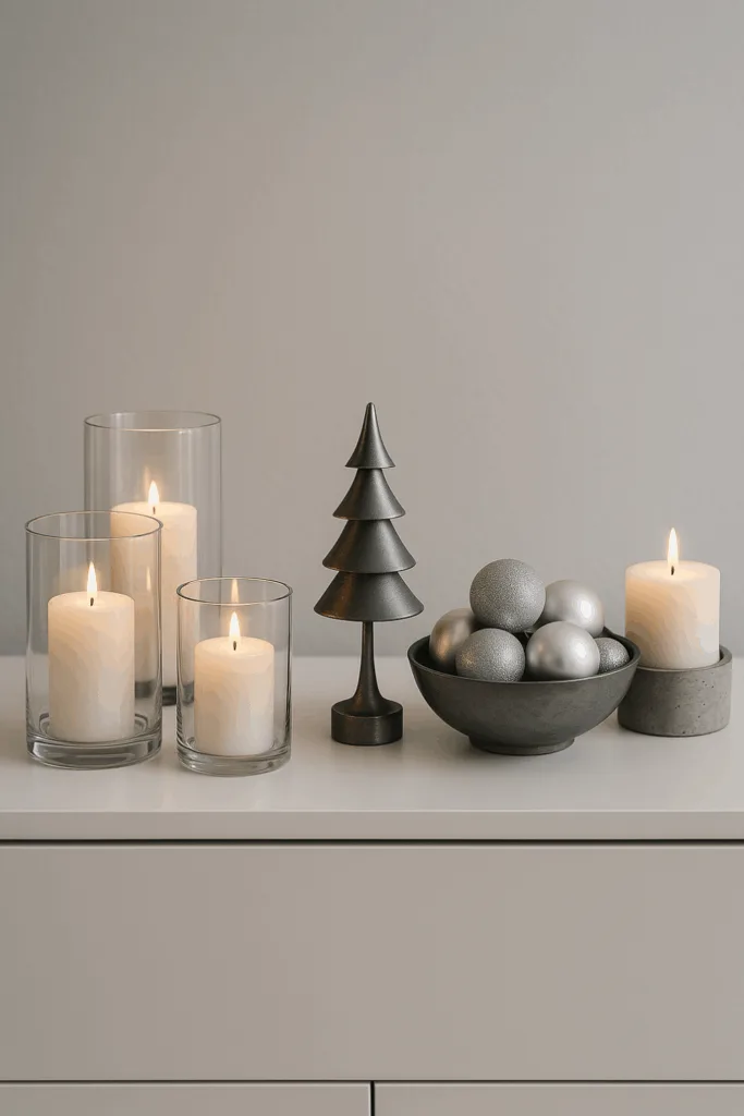 Weihnachtsdeko für die Anrichte - 4 schöne Ideen für mehr Gemütlichkeit Moderne Weihnachtsdeko auf Anrichte mit Glasvasen, silbernen Kugeln und Kerzen