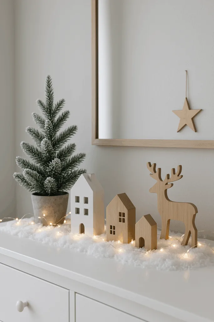 Weihnachtsdeko für die Anrichte - 4 schöne Ideen für mehr Gemütlichkeit Skandinavische Weihnachtsdeko für die Anrichte mit Holzfiguren, Lichterkette und Mini-Tanne