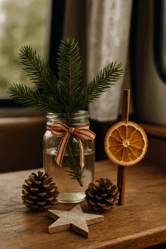 Weihnachtsdeko für Camper - 5 gemütliche Ideen für unterwegs Weihnachtsdeko im Camper mit Tannenzweigen, Orangenscheiben und Holzsternen auf Holztisch