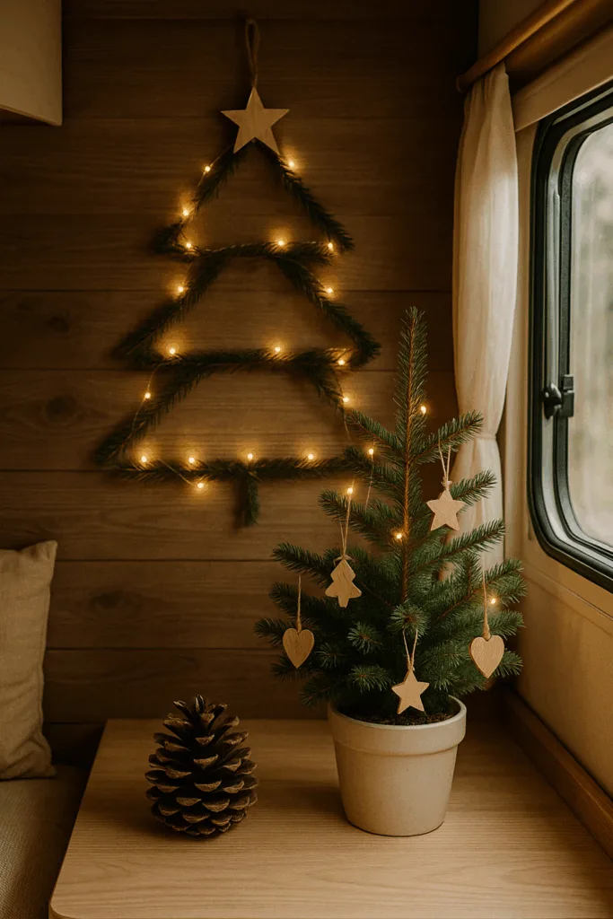 Weihnachtsdeko für Camper - 5 gemütliche Ideen für unterwegs Kleiner Weihnachtsbaum mit Lichterkette und Naturdeko im Camper