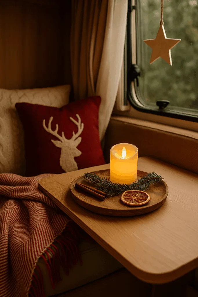 Weihnachtsdeko für Camper - 5 gemütliche Ideen für unterwegs Weihnachtlich dekorierter Camper mit Kerze, Zimtstange und rotem Kissen