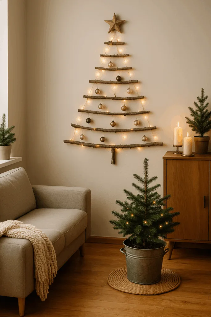Weihnachtsdeko für kleine Wohnzimmer - 4 schöne Ideen für wenig Platz Kleines Wohnzimmer mit Wand-Weihnachtsbaum aus Holz und Lichterkette