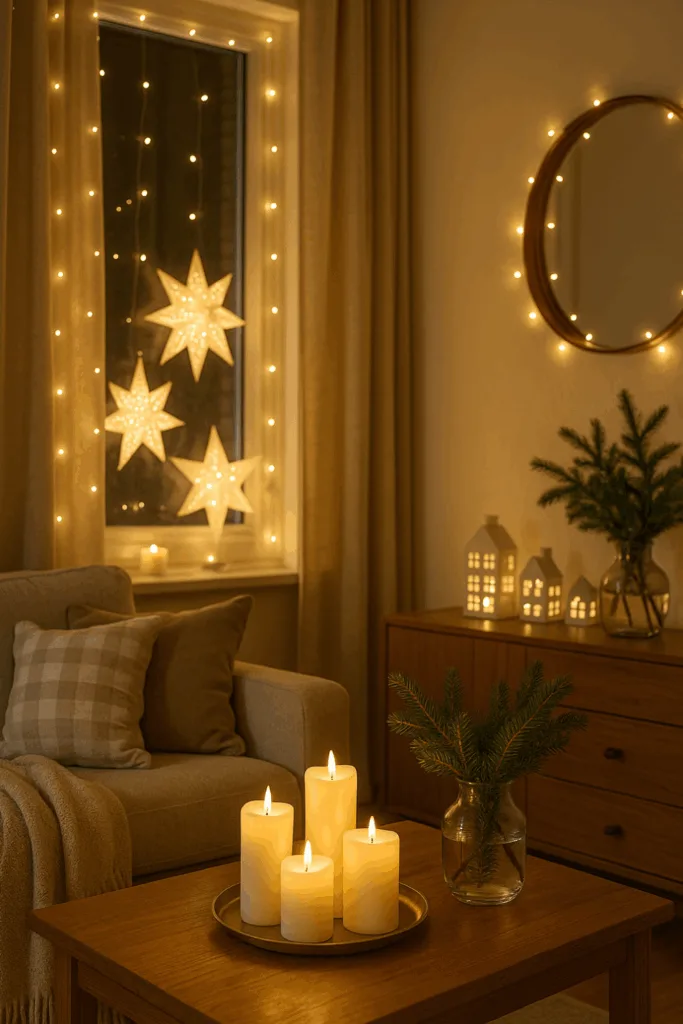 Weihnachtsdeko für kleine Wohnzimmer - 4 schöne Ideen für wenig Platz Kleine Wohnzimmer weihnachtlich dekoriert mit Kerzen, Lichterketten und natürlichen Akzenten
