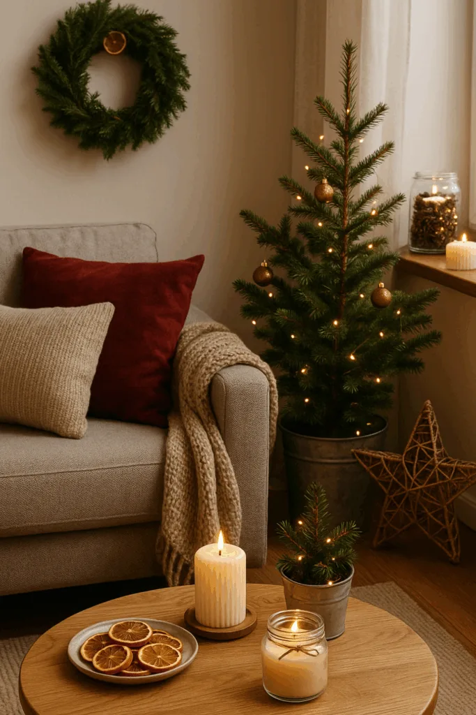 Weihnachtsdeko für kleine Wohnzimmer - 4 schöne Ideen für wenig Platz Kleine Wohnzimmer weihnachtlich dekoriert mit Mini-Tanne, Kerzen und natürlichen Materialien