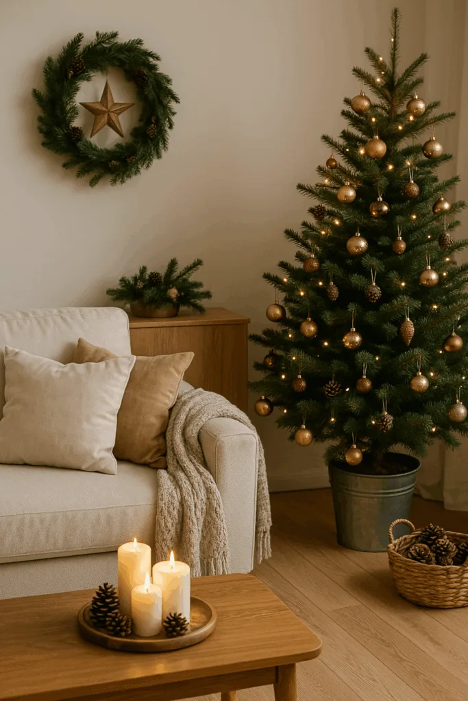 Weihnachtsdeko für kleine Wohnzimmer - 4 schöne Ideen für wenig Platz Kleines Wohnzimmer mit Weihnachtsbaum, Kerzen und natürlicher Weihnachtsdeko