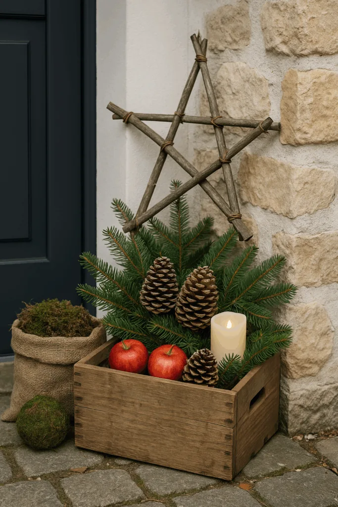 Weihnachtsdeko für den Hauseingang - 5 Ideen, die sofort für Stimmung sorgen Rustikale Weihnachtsdeko am Hauseingang mit Holz, Tannenzweigen, Zapfen und Laterne