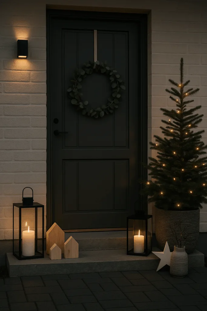 Weihnachtsdeko für den Hauseingang - 5 Ideen, die sofort für Stimmung sorgen Skandinavische Weihnachtsdeko für den Hauseingang mit Eukalyptuskranz, Laternen und warmem Licht
