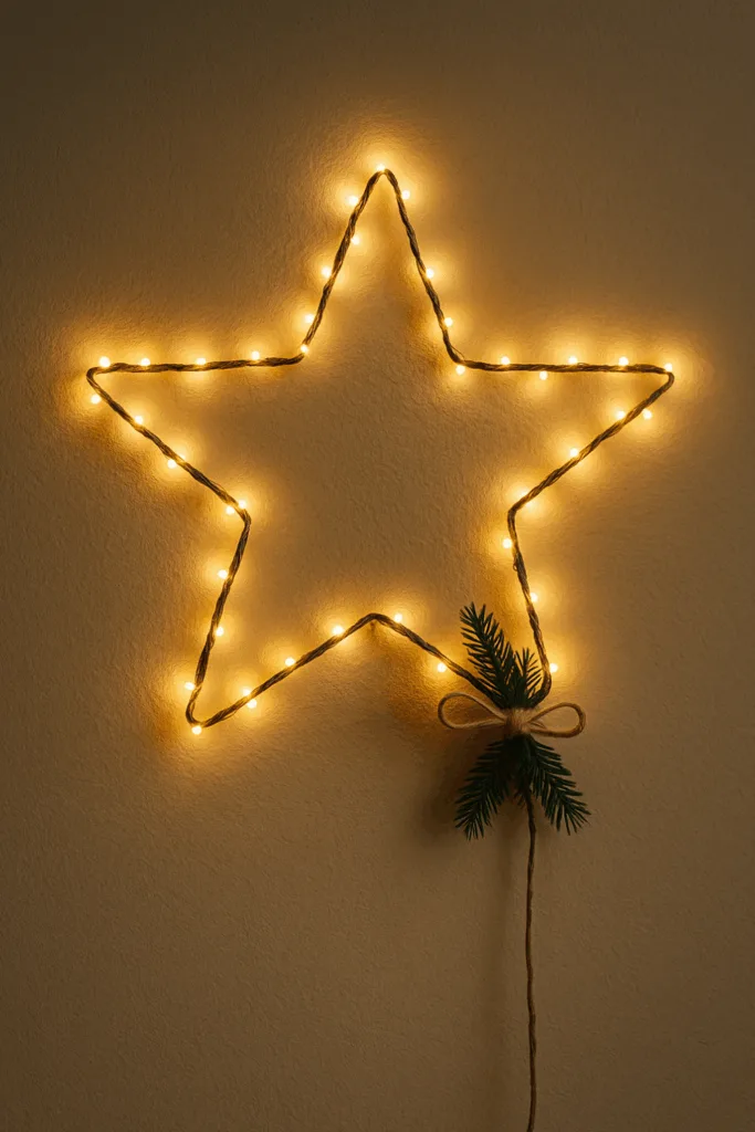 Weihnachtsdeko mit Lichterketten - 3 Ideen für ein festliches Zuhause Weihnachtsdeko mit Lichterketten als leuchtender Stern aus Draht an der Wand