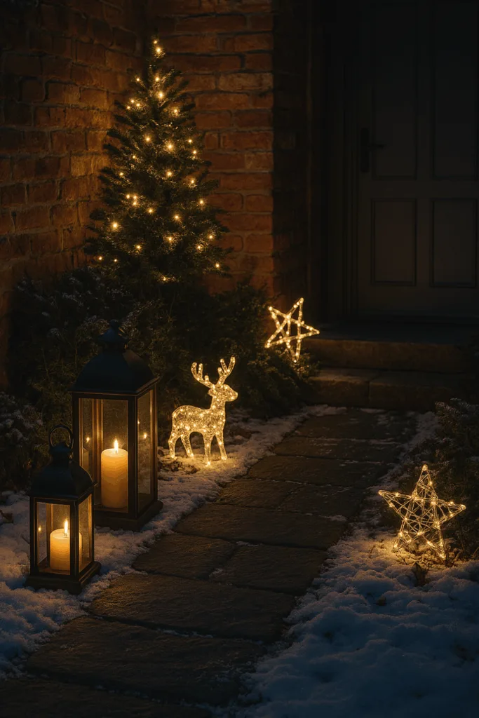 Weihnachtsdeko für den Hauseingang - 5 Ideen, die sofort für Stimmung sorgen Beleuchteter Hauseingang im Winter mit Laternen, Rentierfigur und Weihnachtsdekoration