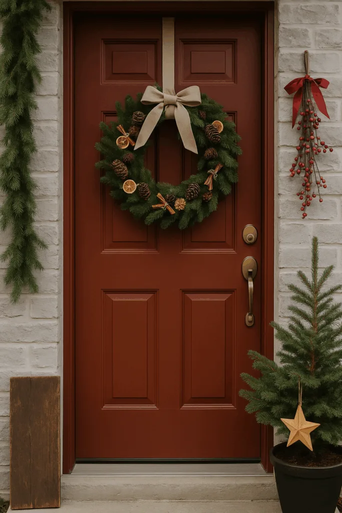 Weihnachtsdeko für den Hauseingang - 5 Ideen, die sofort für Stimmung sorgen Weihnachtsdeko Hauseingang mit Türkranz, Schleifen und natürlicher Winterdekoration