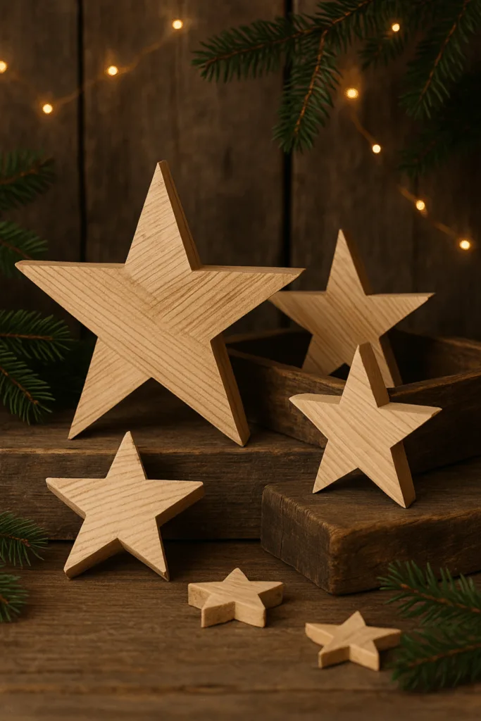 Holzsterne als Weihnachtsdeko auf rustikalem Holztisch mit Tannenzweigen und Lichterkette