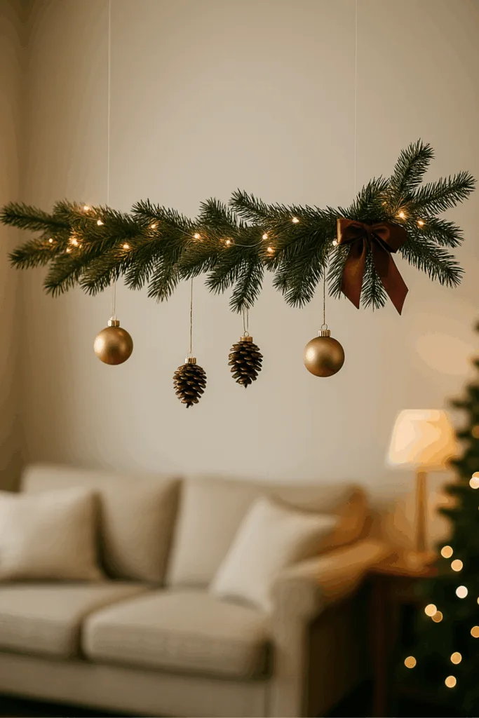 Hängende Weihnachtsdeko für die Decke mit Tannenzweig und Lichterkette
