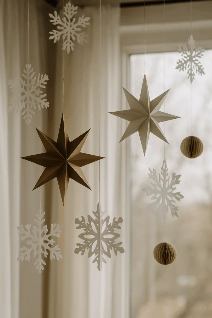 Weihnachtsdeko für die Decke mit Papiersternen und Schneeflocken im Fensterlicht