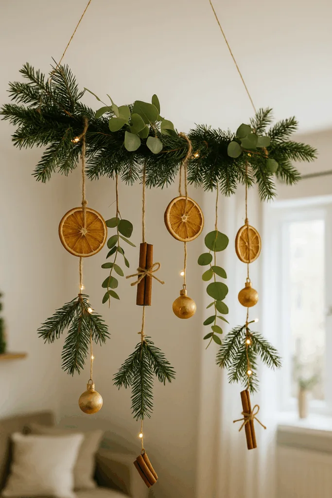 Weihnachtsdeko für die Decke mit Tannenzweigen, Eukalyptus und Orangenscheiben