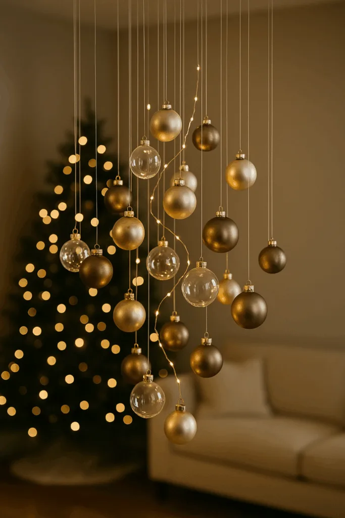 Hängende Weihnachtskugeln und Lichter als moderne Weihnachtsdeko für die Decke