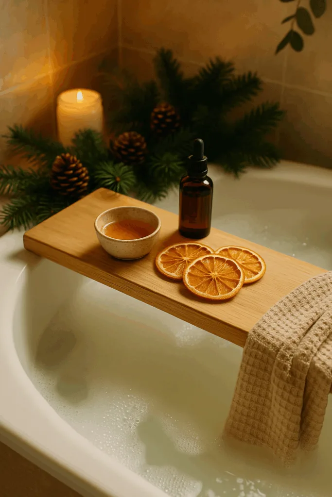 Weihnachtsdeko für die Badewanne mit Zimt, Orangenscheiben und Kerzen