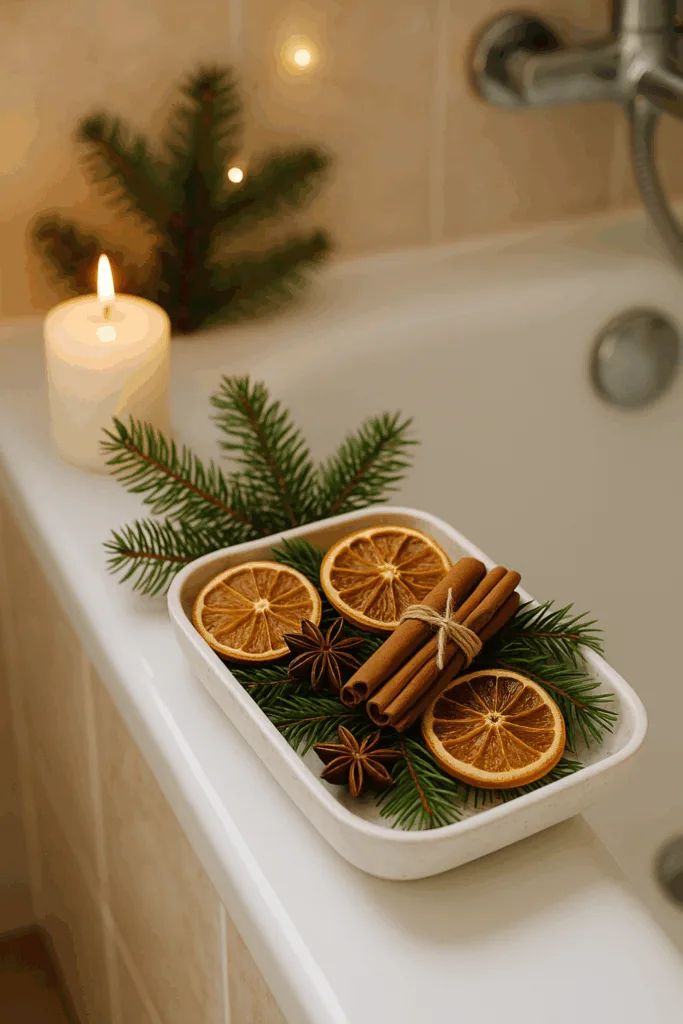 Weihnachtsdeko-Schale mit Tannenzweigen, Zimt und Orangenscheiben auf Badewanne