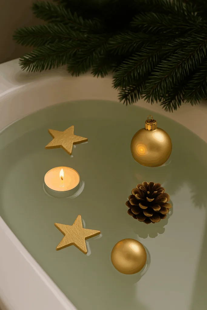 Weihnachtsdeko für die Badewanne mit schwimmenden Kerzen, Kugeln und Tannenzweigen