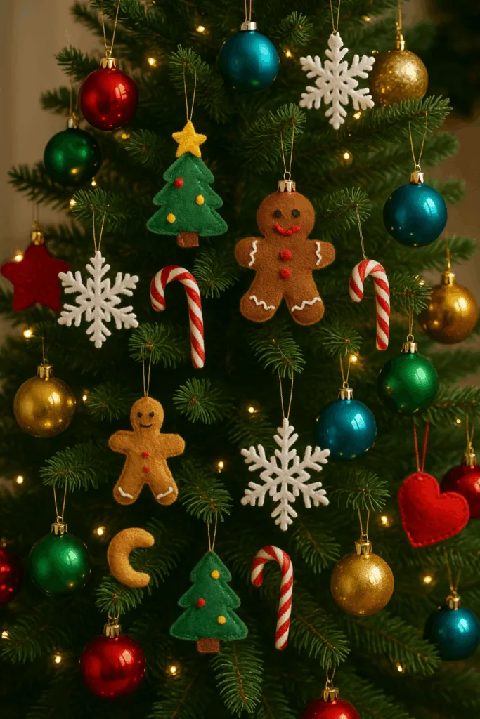 Bunter Weihnachtsbaum dekoriert mit Filzfiguren, Zuckerstangen und Kugeln