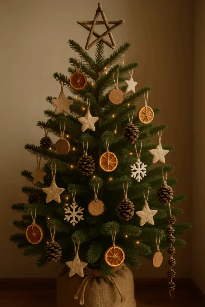 Rustikaler Weihnachtsbaum mit Holz, Tannenzapfen und getrockneten Orangenscheiben