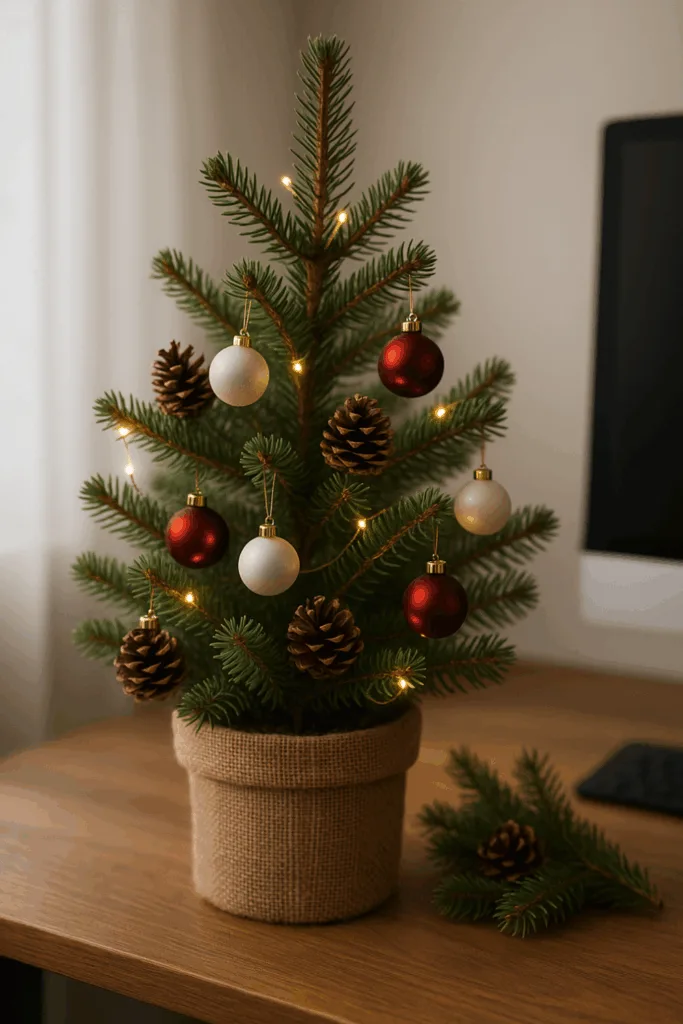 Weihnachtsdeko für den Schreibtisch - 5 schöne Ideen für deinen Arbeitsplatz Mini-Weihnachtsbaum auf dem Schreibtisch mit Kugeln und Lichterkette
