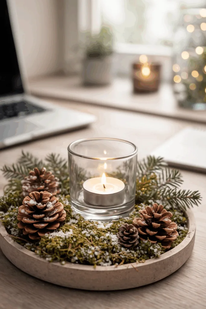 Weihnachtsdeko für den Schreibtisch - 5 schöne Ideen für deinen Arbeitsplatz Weihnachtsdeko für den Schreibtisch mit Moos, Zapfen und Teelichtern