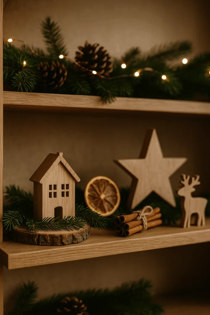 Weihnachtsdeko aus Holz und Tannenzweigen im Regal mit Lichterkette