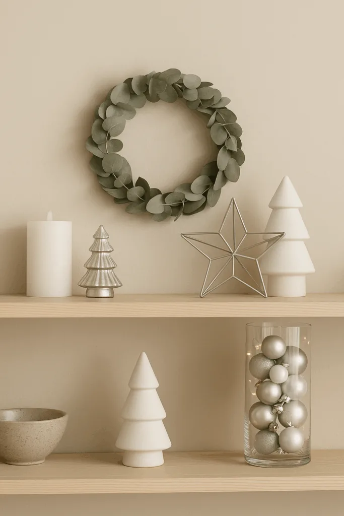 Modernes Regal mit weißer und silberner Weihnachtsdeko in elegantem Stil