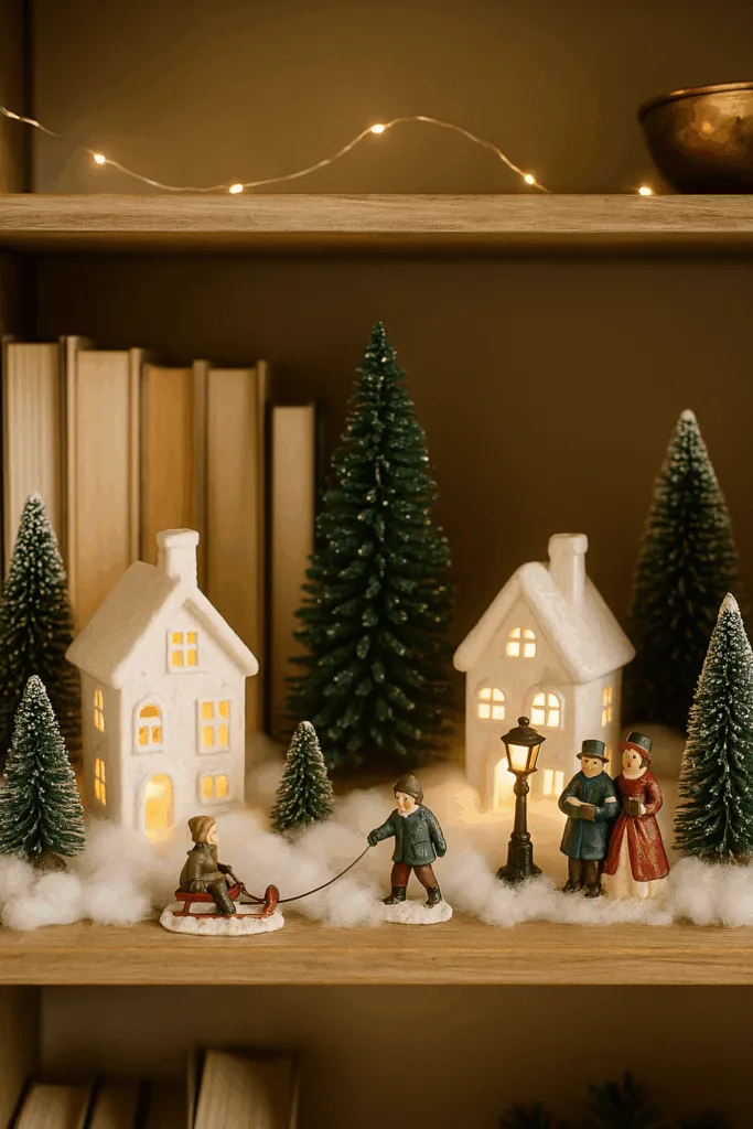 Miniatur-Weihnachtsdeko im Regal mit Häuschen, Figuren und Lichterkette
