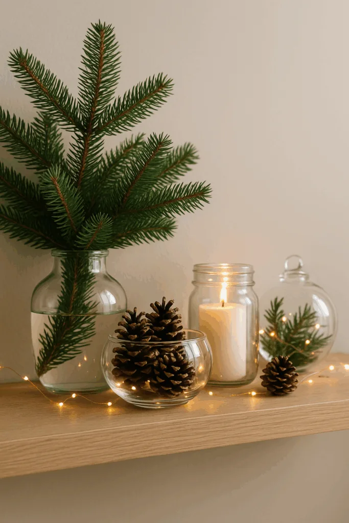 Weihnachtsdeko fürs Regal mit Glasvasen, Tannenzweigen, Zapfen und Lichterkette