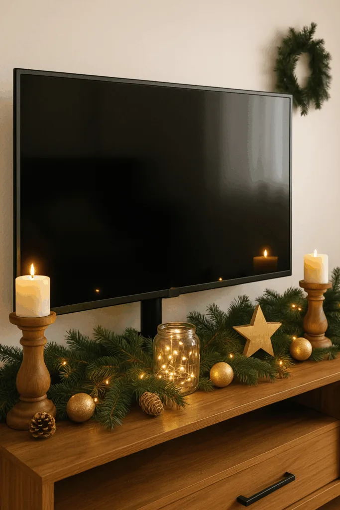 Weihnachtsdeko für das TV-Lowboard - 5 einfache Ideen mit Wow-Effekt Weihnachtsdeko TV-Lowboard mit Tannenzweigen, Kerzen und Lichterkette in warmem Licht