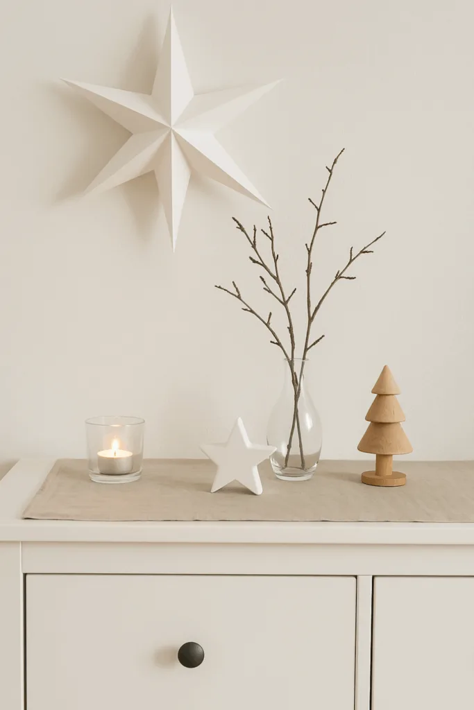 Weihnachtsdeko für das TV-Lowboard - 5 einfache Ideen mit Wow-Effekt Skandinavische Weihnachtsdeko für TV-Lowboard mit Holzbaum, Kerze und Papierstern