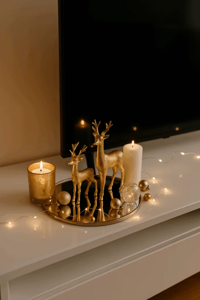 Weihnachtsdeko für das TV-Lowboard - 5 einfache Ideen mit Wow-Effekt Glamouröse Weihnachtsdeko mit goldenen Rentieren und Kerzen auf TV-Lowboard