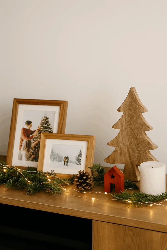 Weihnachtsdeko für das TV-Lowboard - 5 einfache Ideen mit Wow-Effekt Weihnachtsdeko für TV-Lowboard mit Fotos, Holzbaum, Kerze und Tannenzweigen