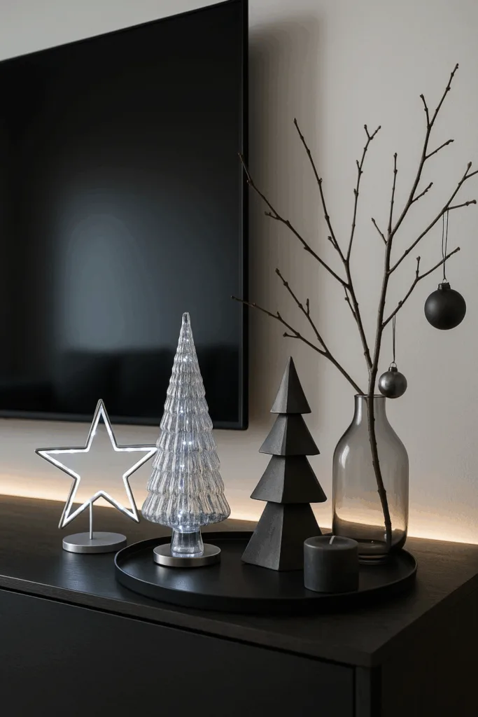 Weihnachtsdeko für das TV-Lowboard - 5 einfache Ideen mit Wow-Effekt Moderne Weihnachtsdeko fürs TV-Lowboard mit LED-Stern und Glasbaum