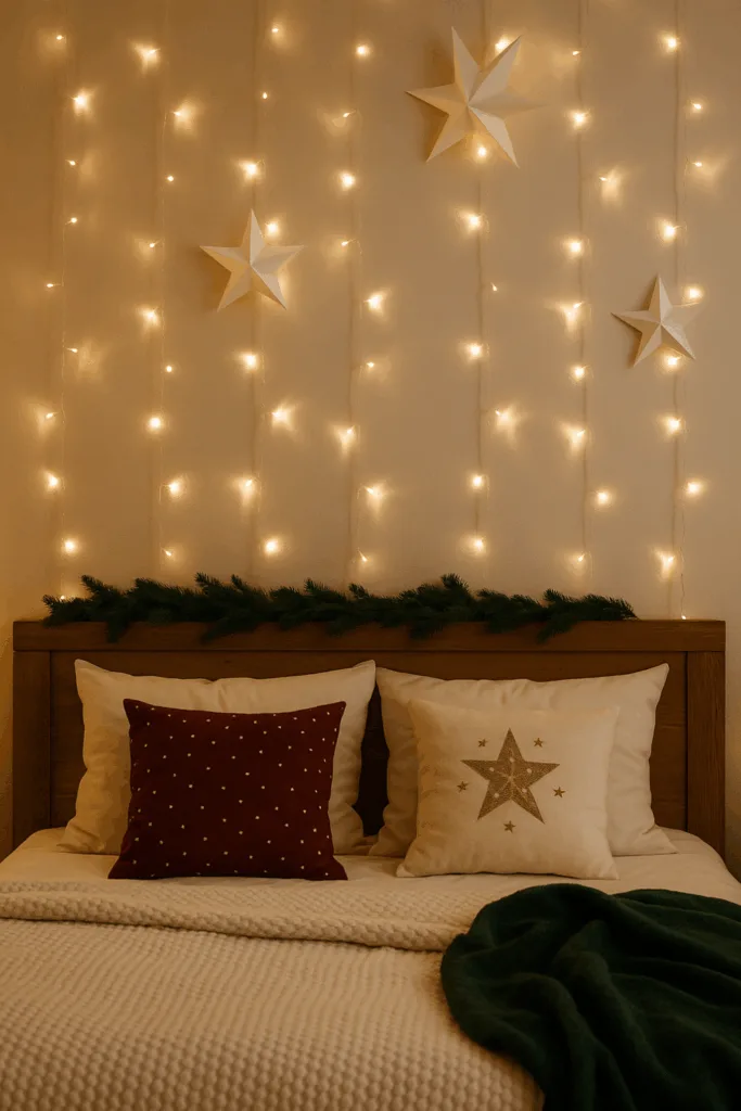 Weihnachtsdeko fürs Bett - 4 schöne Ideen für gemütliche Winternächte Weihnachtsdeko fürs Bett mit Lichterkette, Sternen und gemütlichen Kissen im warmen Licht