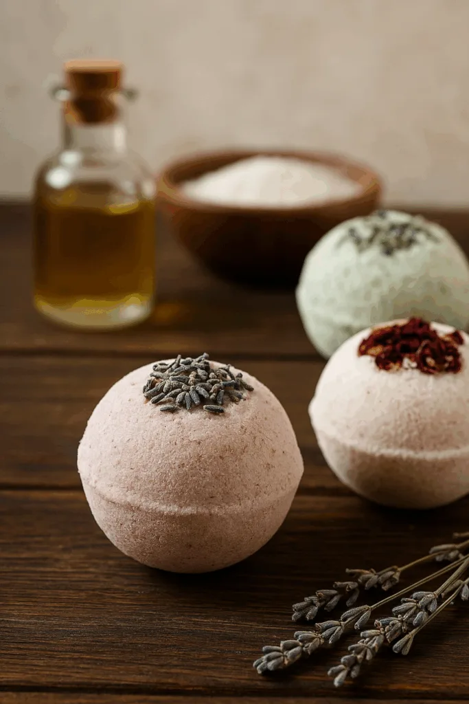 Drei selbstgemachte Badekugeln mit Lavendel und Rosenblüten als Weihnachtsgeschenk