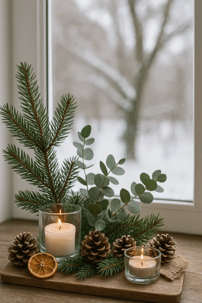 Fensterdeko im Winter - 5 gemütliche Ideen für dein Zuhause Winterliche Fensterdeko mit Kerzen, Tannenzweigen und Lichterkette im Fensterrahmen