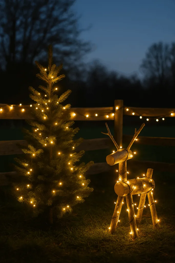 Weihnachtsdeko mit Lichterketten - 3 Ideen für ein festliches Zuhause Weihnachtsdeko mit Lichterketten im Garten mit leuchtendem Holzrentier und Tanne