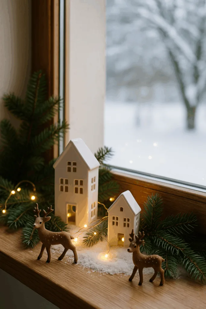 Fensterdeko im Winter - 5 gemütliche Ideen für dein Zuhause Fensterdeko Winter mit Häuschen, Rehen, Tannengrün und Lichterkette auf Fensterbank