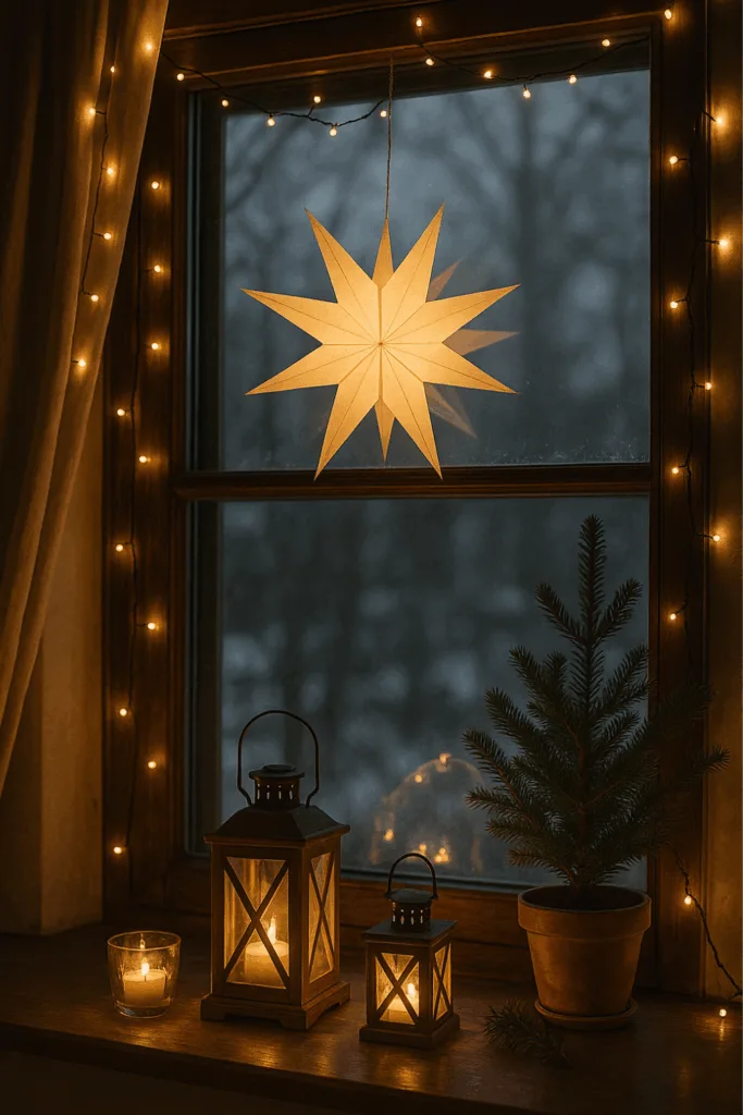 Fensterdeko im Winter - 5 gemütliche Ideen für dein Zuhause Fensterdeko Winter mit Lichterkette, Stern und Kerzen auf Fensterbank
