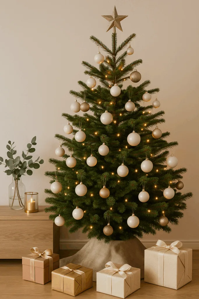 Elegantes Weihnachten - Stilvolle Deko-Ideen für dein Zuhause Eleganter Weihnachtsbaum in Weiß-Gold mit Lichterkette und Geschenken