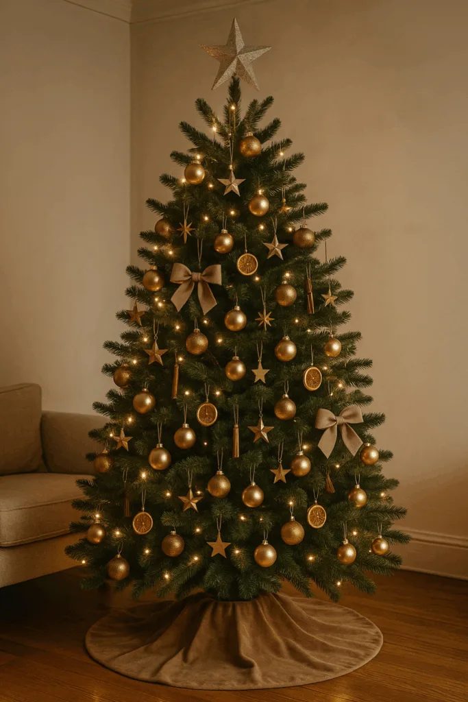 Elegantes Weihnachten - Stilvolle Deko-Ideen für dein Zuhause Eleganter Weihnachtsbaum mit goldener Deko und warmem Licht im Wohnzimmer