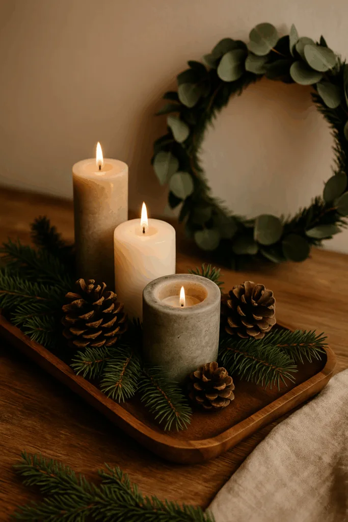 Elegantes Weihnachten - Stilvolle Deko-Ideen für dein Zuhause Elegante Weihnachtsdekoration mit Kerzen, Tannenzweigen und Naturmaterialien auf Holztisch