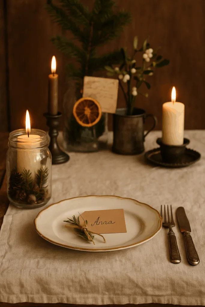 Antike Weihnachten - 3 nostalgische Deko-Ideen zum Selbermachen Antiker Weihnachtstisch mit Kerzen, Leinen, altem Geschirr und Vintage-Deko