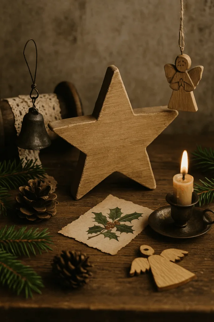Antike Weihnachten - 3 nostalgische Deko-Ideen zum Selbermachen Antike Weihnachtsdekoration aus Holz und Metall mit Kerze und Tannenzweigen