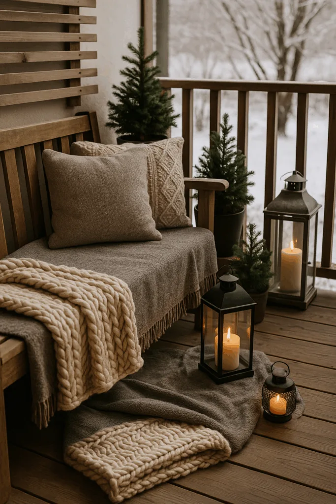 Gemütliche Sitzecke auf Balkon im Winter mit Decken, Kissen und Laternen