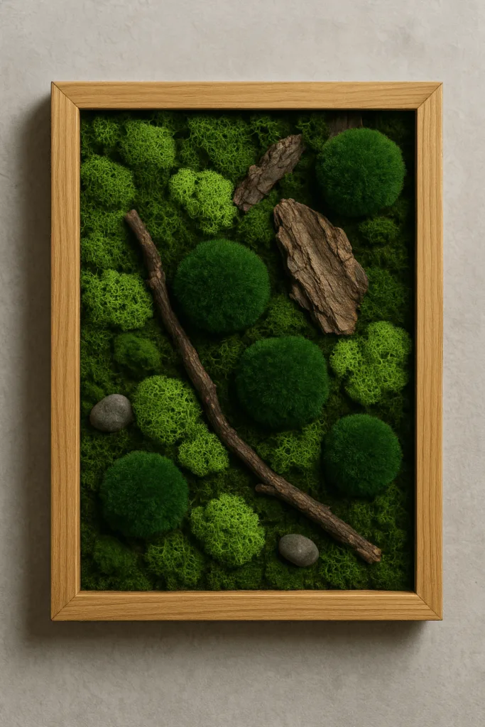 Ultra-realistische Wanddeko mit konserviertem Moos im Holzrahmen, natürliche Grüntöne